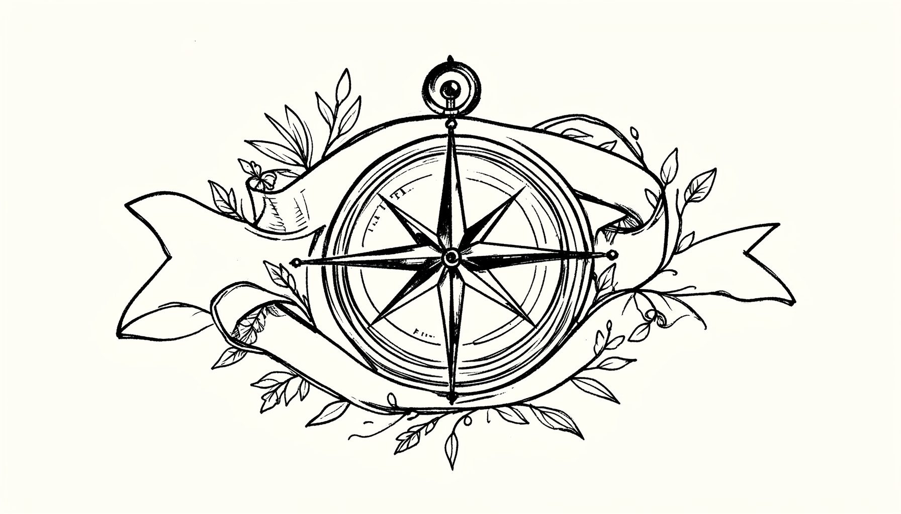 A hand-drawn ink banner illustration featuring a compass rose and delicate botanical flourishes, with flowing ribbon-like lines, in black ink on a light cream ground. The mood is elegant and adventurous.