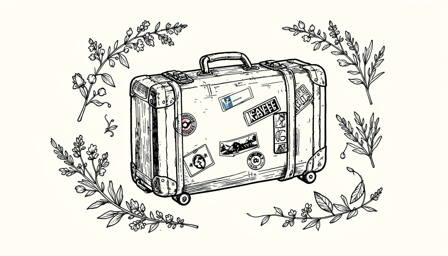 A hand-drawn ink illustration of a vintage suitcase with travel stickers, surrounded by loose botanical sketches, in black ink on cream. The mood is nostalgic and wanderlust-filled.