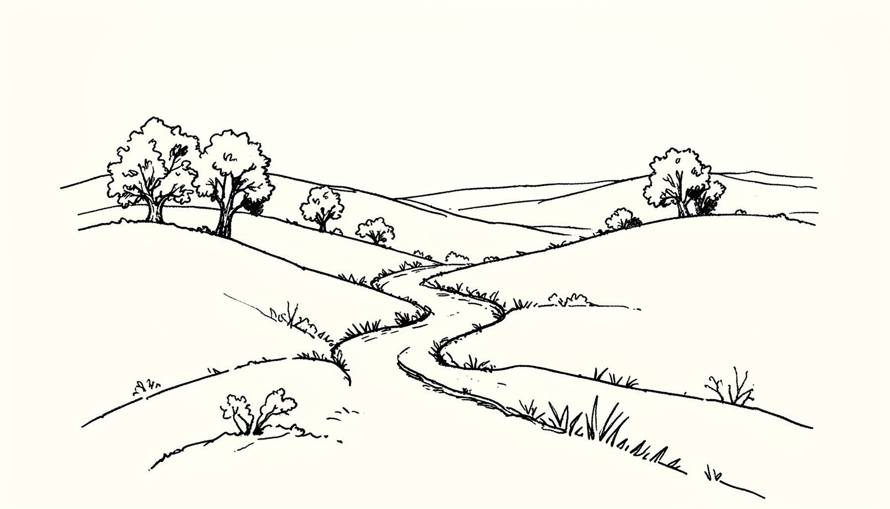 A hand-drawn ink illustration of a winding path through gentle hills, with scattered trees and a soft horizon, rendered in black ink on a warm off-white background. The mood is calm and contemplative.