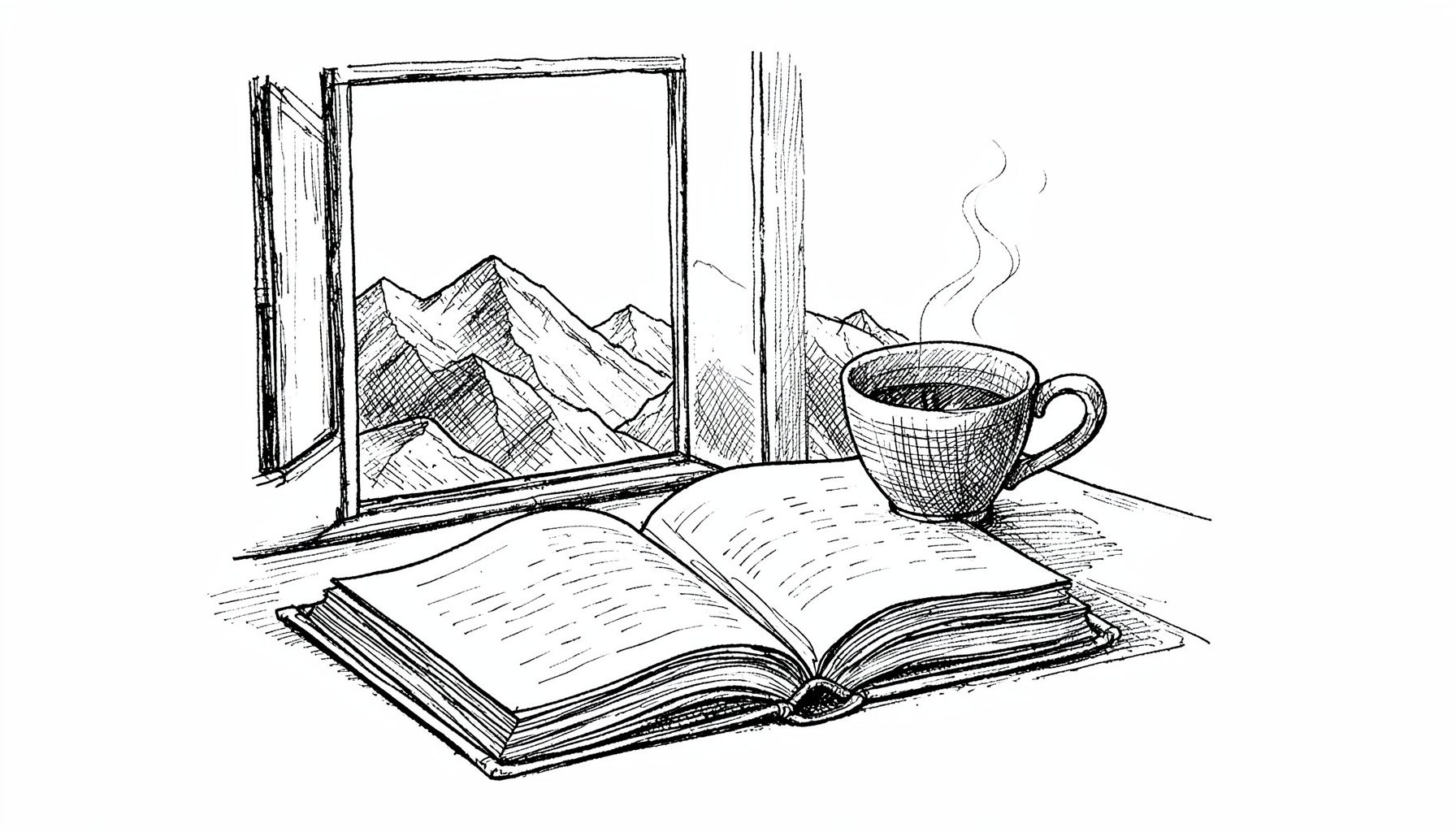 A hand-drawn ink illustration of an open journal beside a steaming cup, with a window framing distant mountains, drawn in fine black lines with subtle cross-hatching. The mood is intimate and serene.