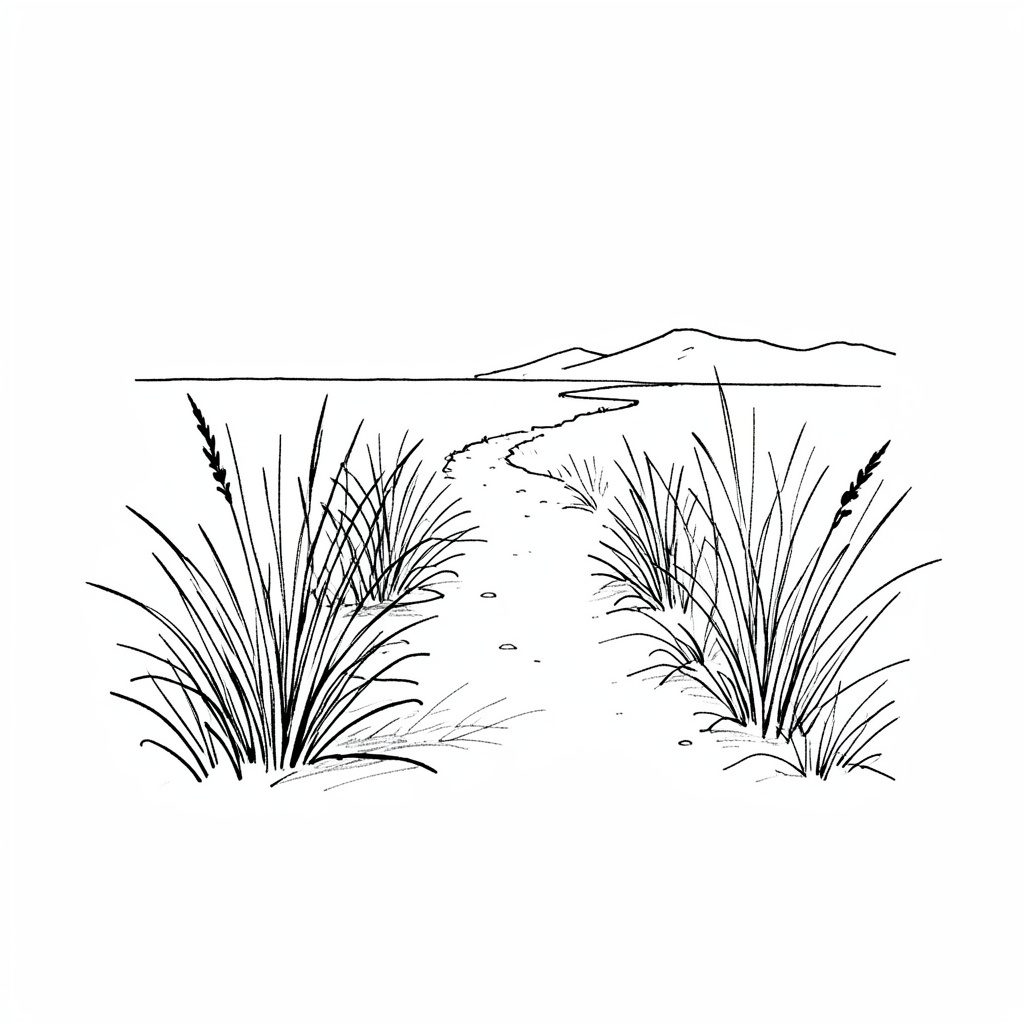 A small hand-drawn ink thumbnail of a coastal path with sea grasses, in black ink with minimal detail, calm and airy.