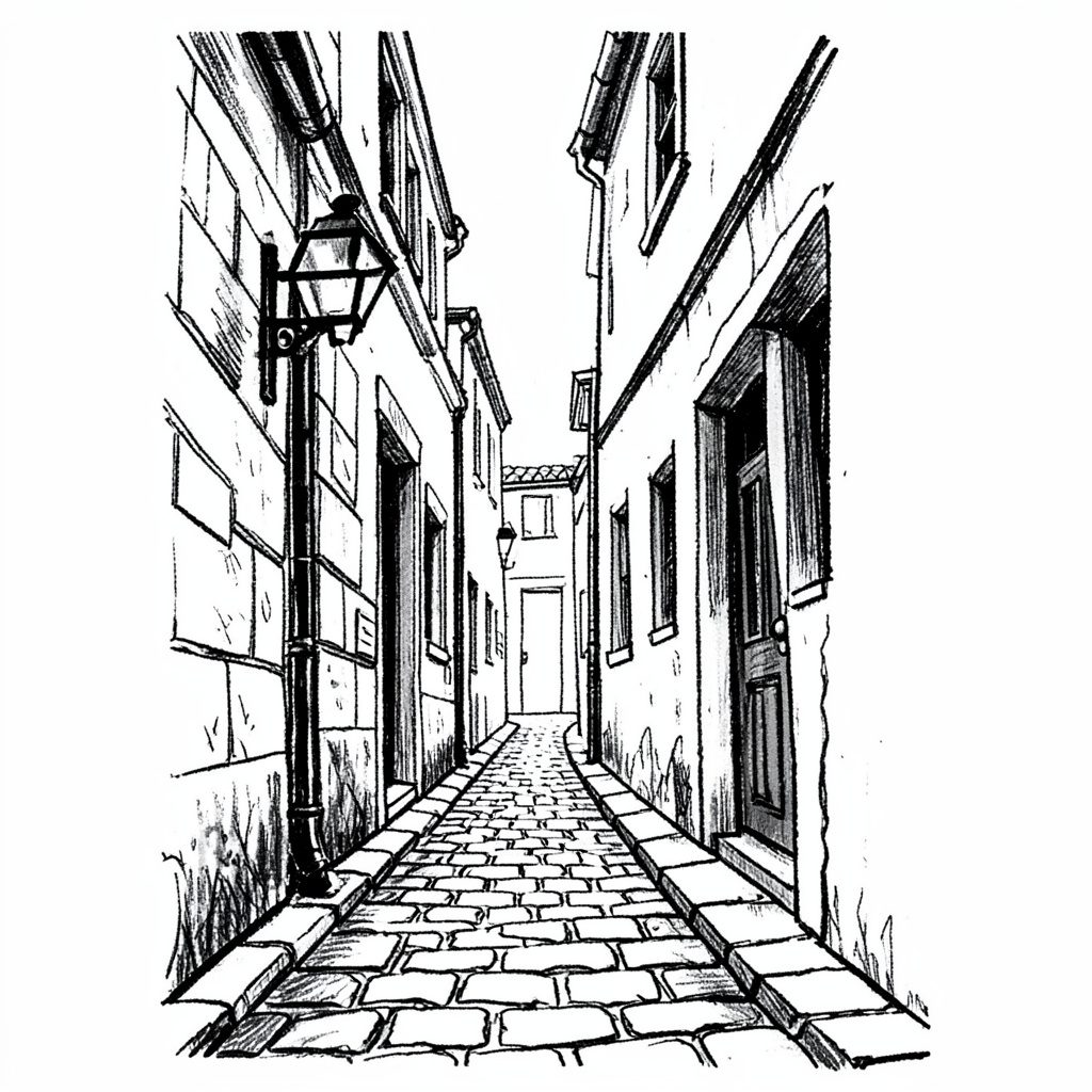 A small hand-drawn ink thumbnail of a cobblestone alley with a single lantern, in black ink, moody and quiet.