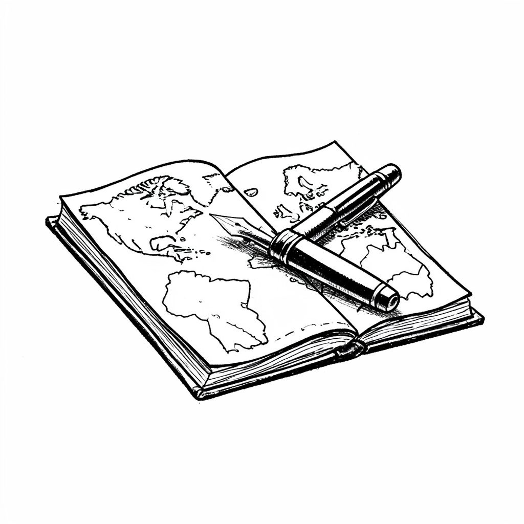 A small hand-drawn ink thumbnail of an open map with a fountain pen resting across it, in black ink, thoughtful and literary.